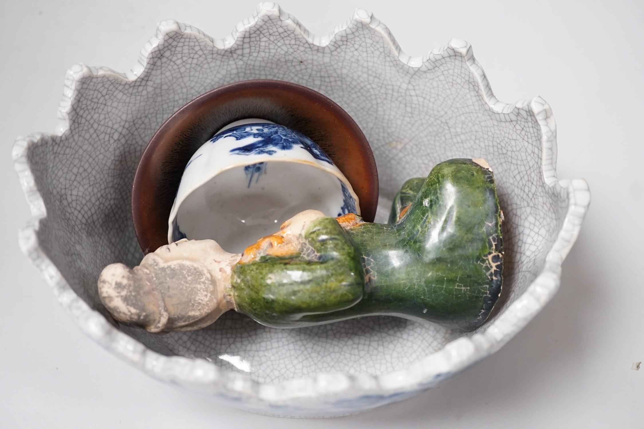 A Chinese blue and white dragon crackle glaze vase, together with a group of Chinese and Oriental ceramics. Tallest 23cm